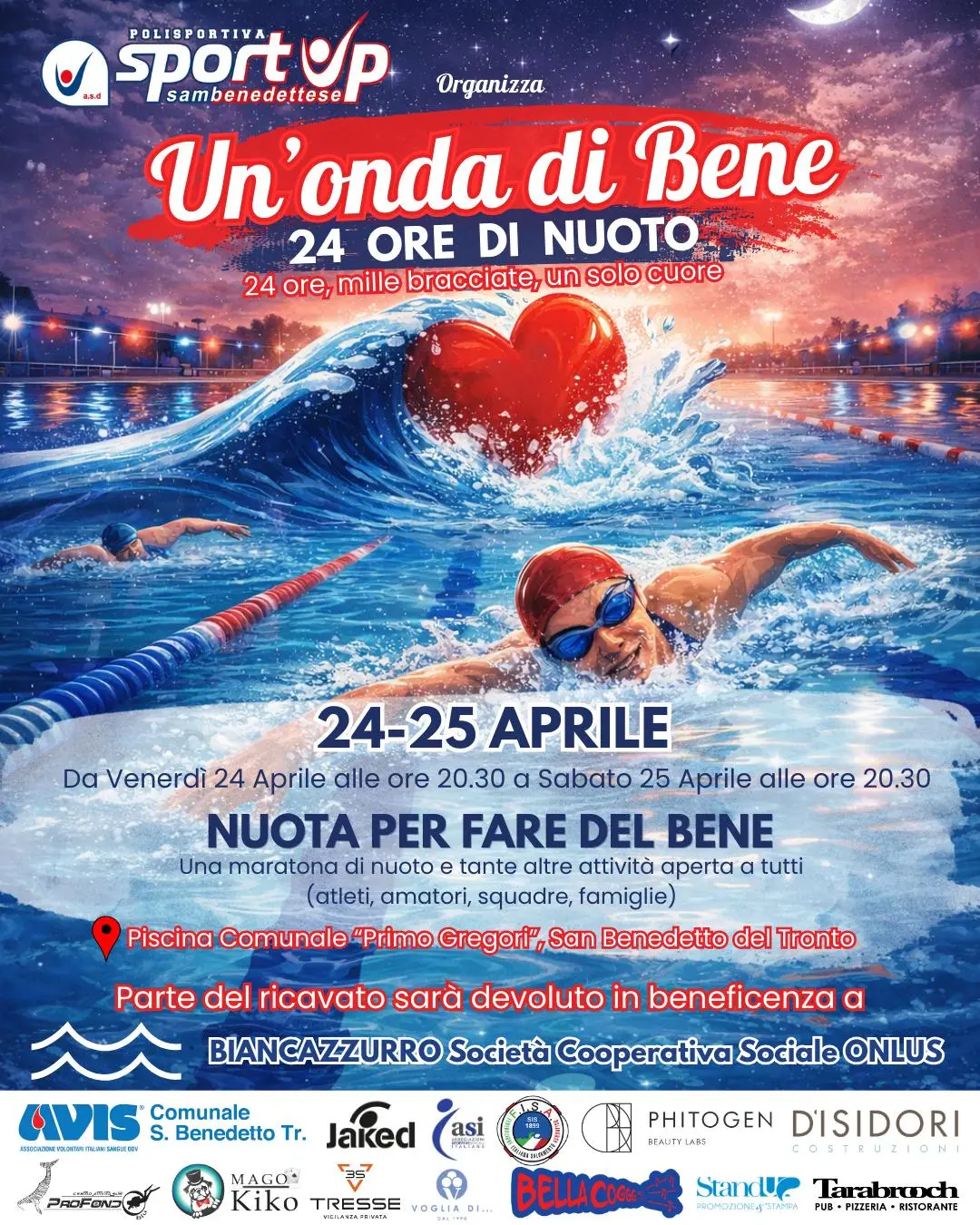 Locandina evento 24 ore di nuoto solidale – SportUp Sambenedettese